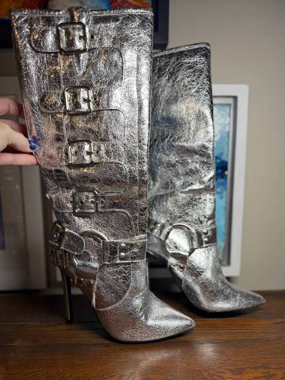 Wild Diva Silver Lounge Shaya Metallic Buckle Knee-High Stiletto Boots
